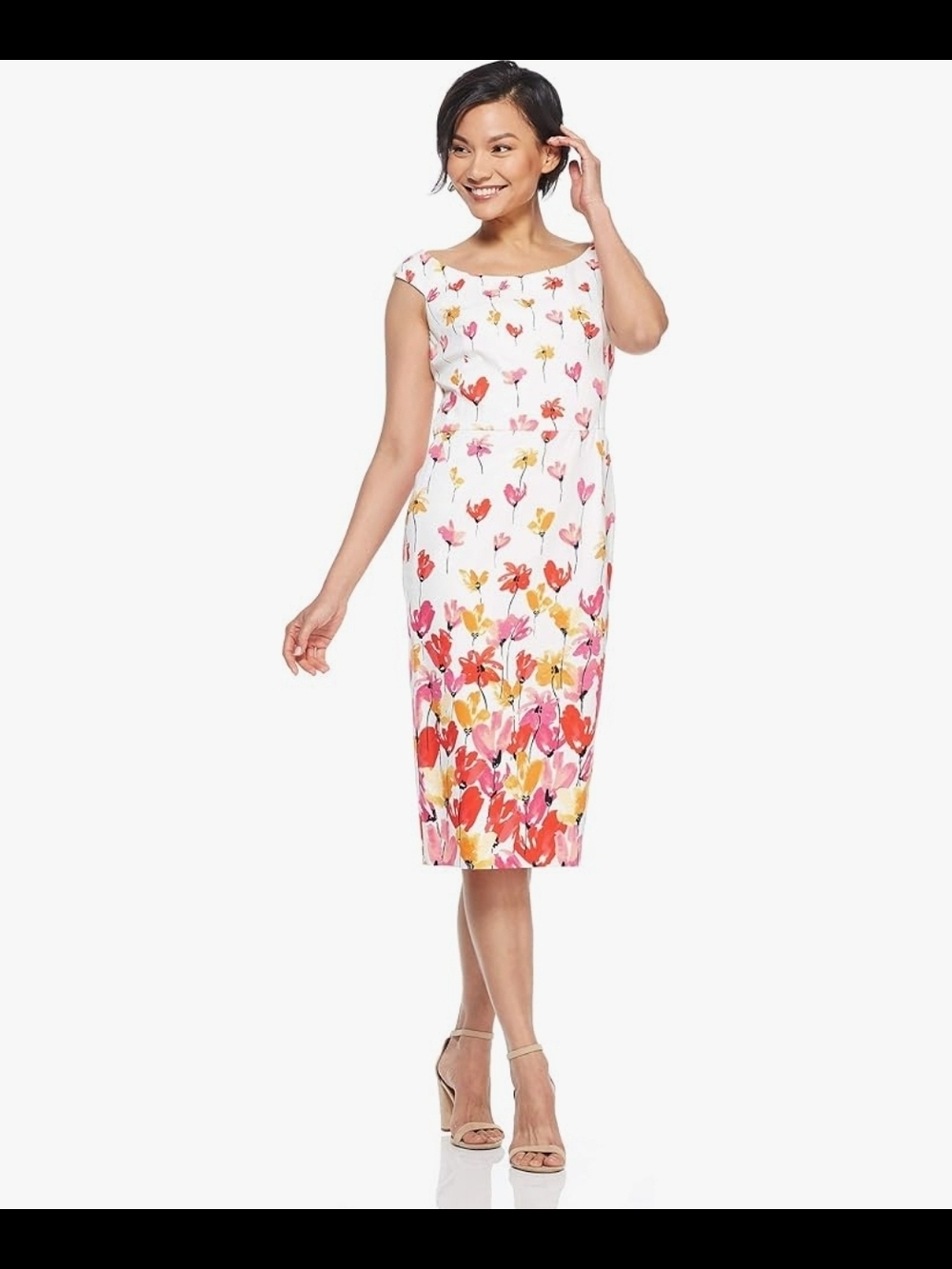 Maggy London White Sheath Dress with Pink, Red & Yellow Floral Print - Size 16